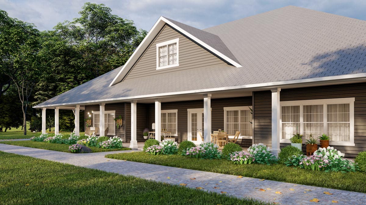House plan exterior: Ranch style, single-story home with a wide wraparound porch, gabled dormer, and horizontal siding.