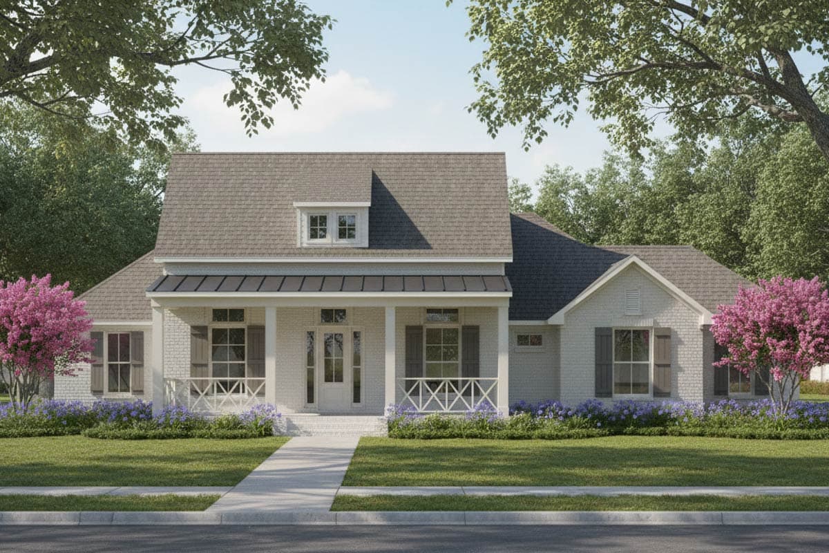 House plan exterior with Craftsman style, two stories, front porch with decorative rails, gables, and a dormer.