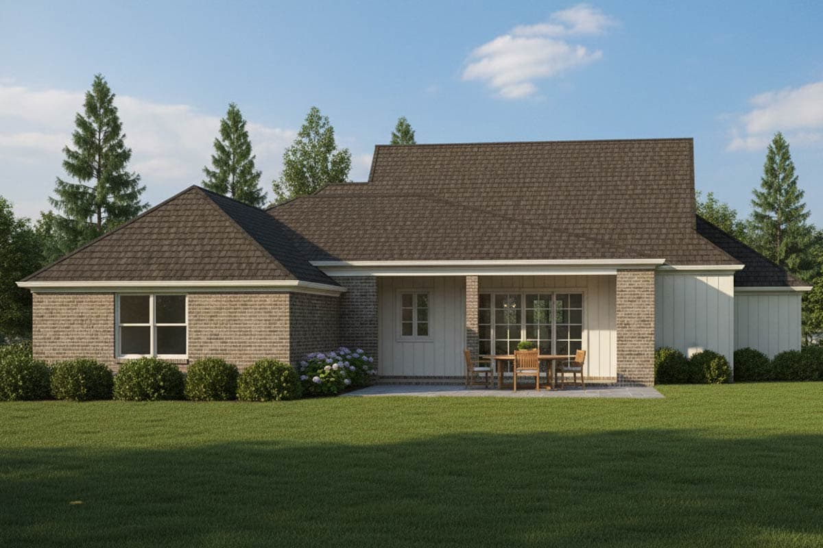 House plan exterior with brick facade, gabled roof, covered patio with dining set, and large windows.