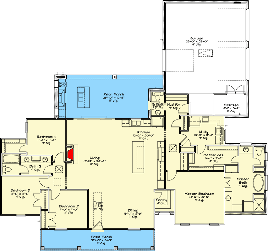 Plan 125002LEW: 2259 Square Foot Acadian-Style Farmhouse Plan with Outdoor Kitchen - Floor Plan - Main Level - Acadian, Country, Farmhouse, Modern Farmhouse, New American, Southern, Southern Traditional, Traditional