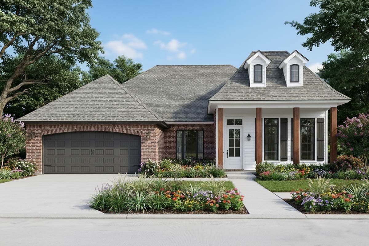 House plan exterior featuring a brick facade, arched garage door, and covered front porch with dormer windows.
