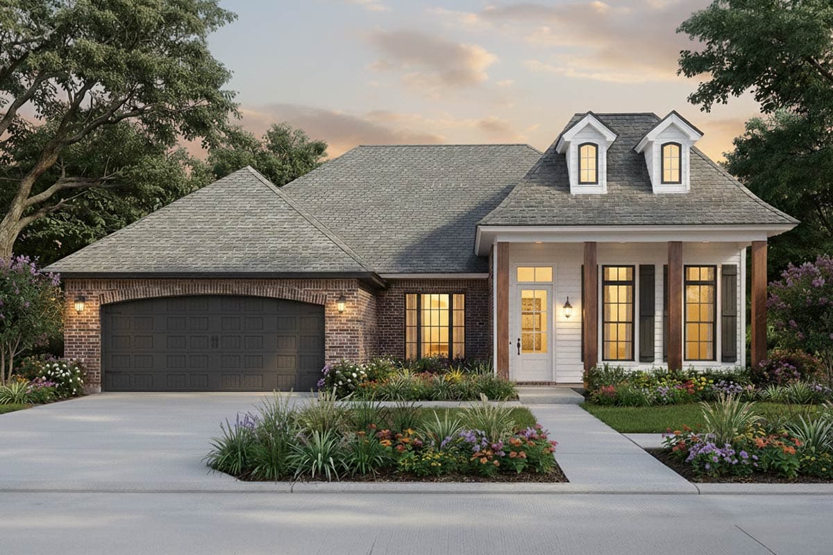 House plan exterior: One-story brick home with side-entry garage, prominent dormers, and covered front porch with wood columns.