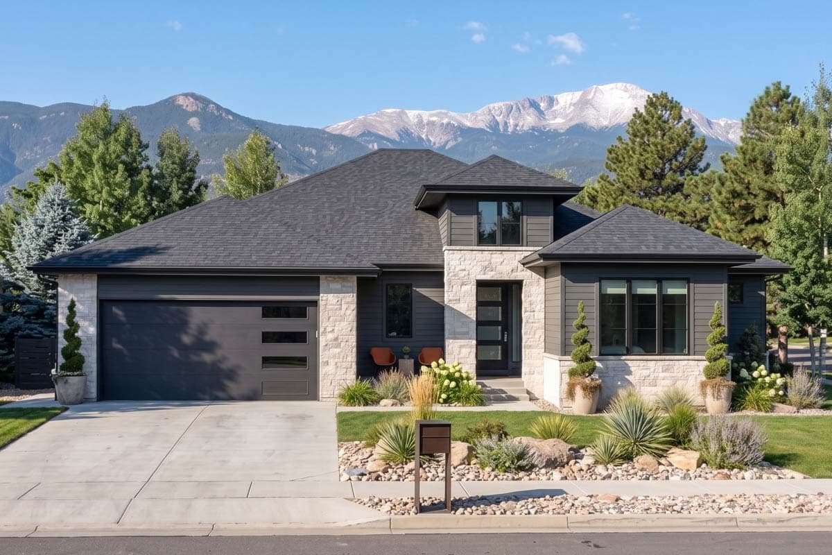 House plan exterior. Modern style, one-story home with a flat roof, stone accents, and a front-entry garage.