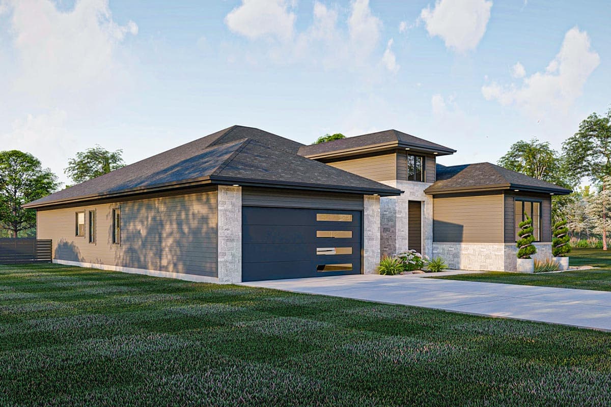 Modern house plan exterior with stone accents, a multi-level roofline, and a garage with horizontal windows.
