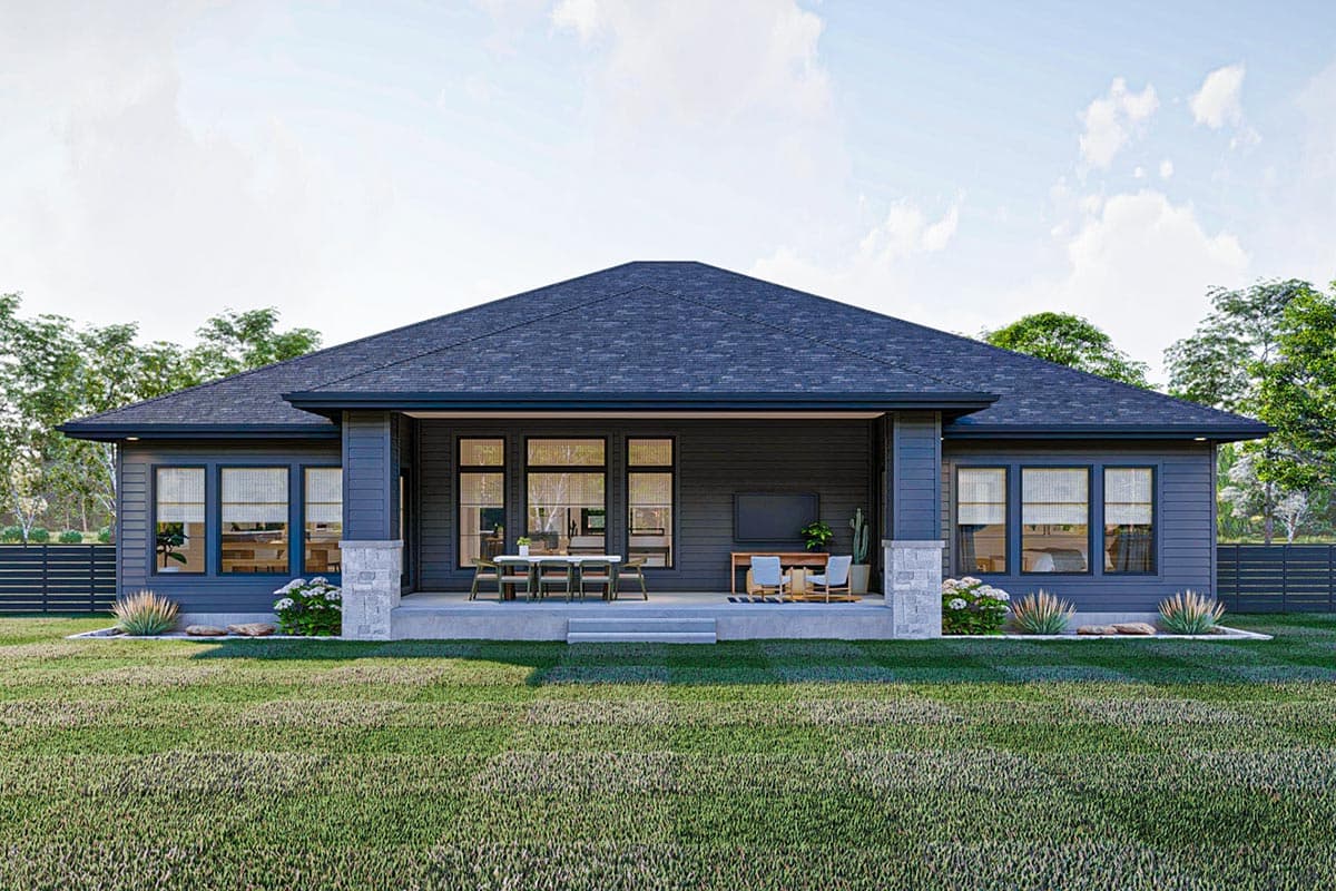 House plan exterior: One-story modern design with large windows, covered patio, and stone accents.