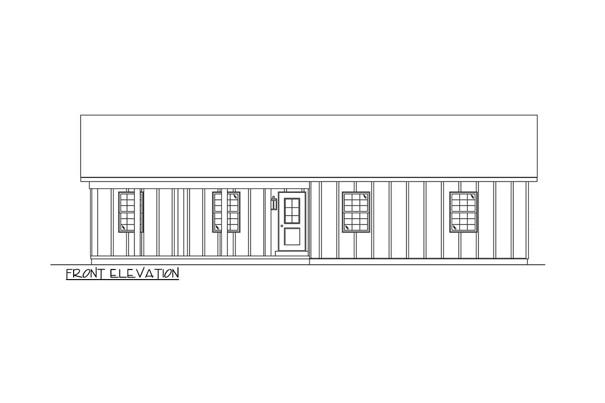 Front elevation drawing of a house plan showing a centered door and four windows with a gable roof.