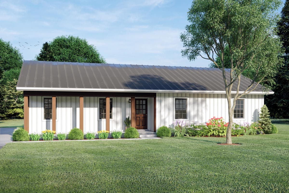 House plan exterior with board and batten siding, covered porch supported by columns, and a standing seam metal roof.