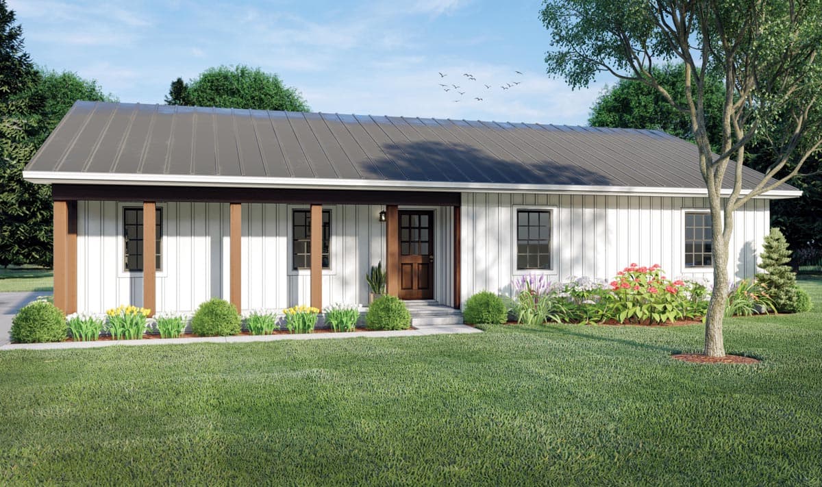 House plan exterior: Single-story home with a covered front porch supported by wood posts, a metal roof, and vertical siding.