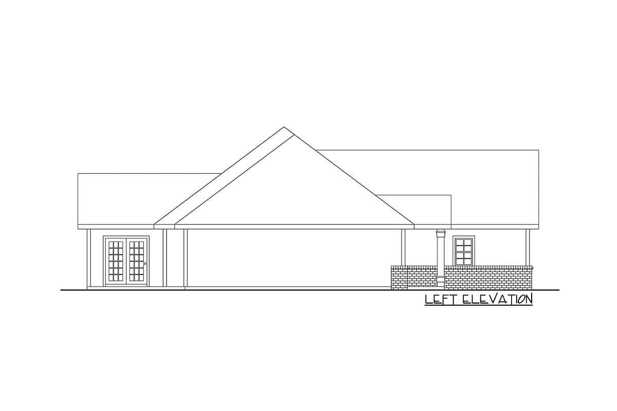 Left elevation drawing of a single-story house plan with a prominent gable, covered porch, and double doors.