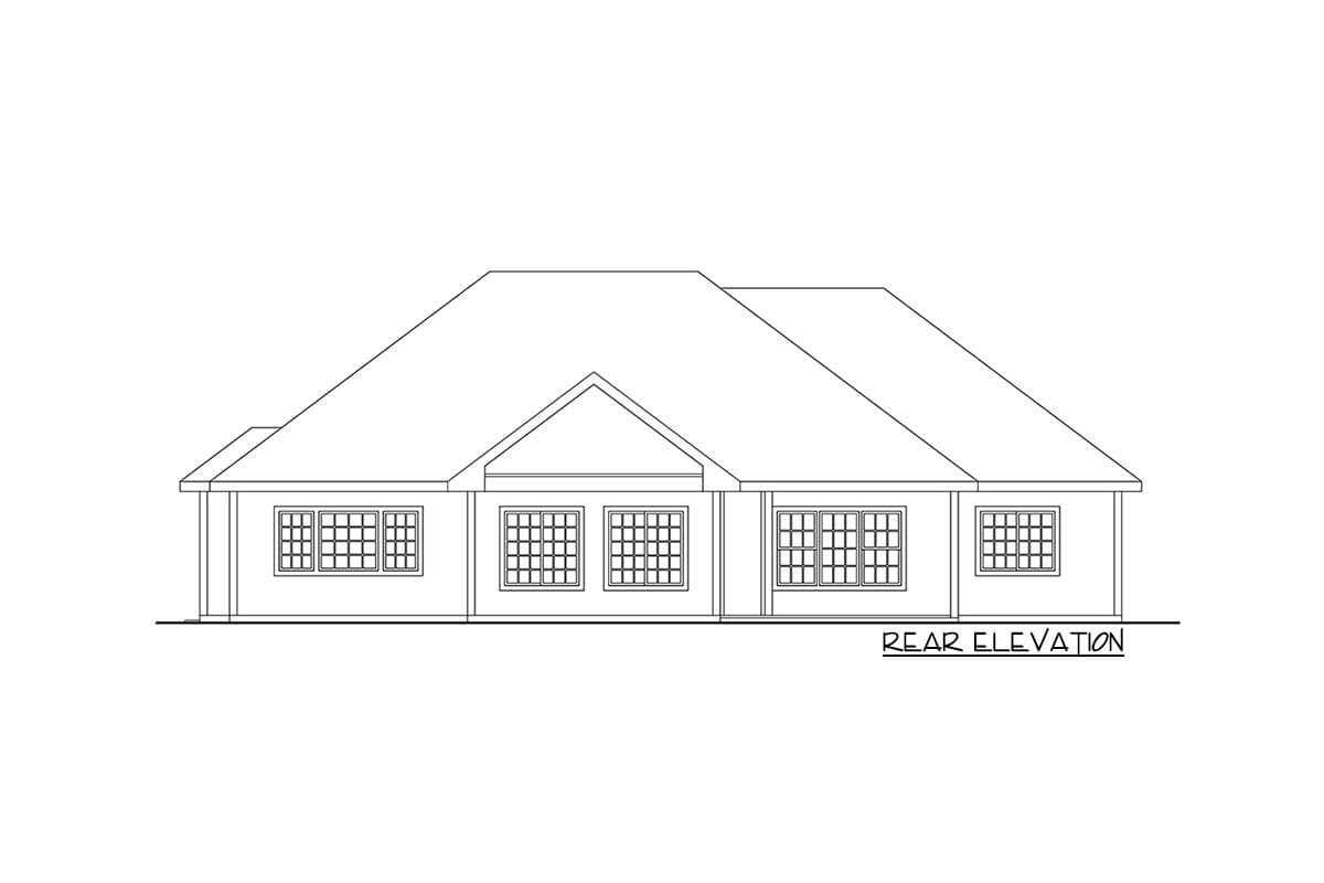 Rear elevation of a single-story house plan featuring multiple grid windows and a prominent gable.