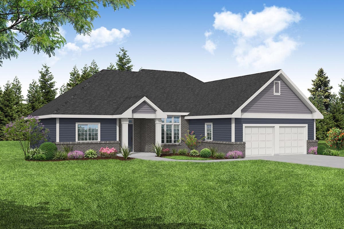 House plan exterior. Ranch style with a low-pitched roof, portico, and attached two-car garage. Features a brick facade and gabled rooflines.