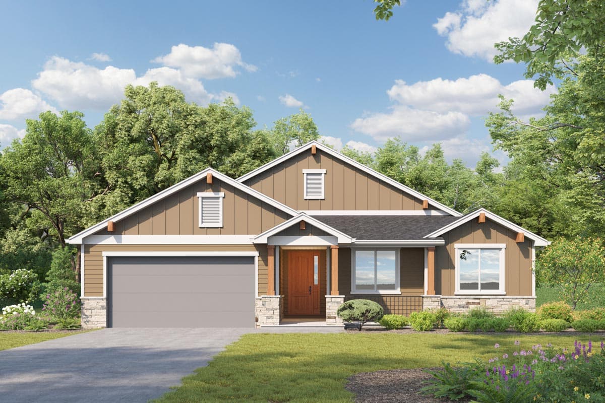 House plan exterior: One-story Modern Farmhouse with gabled roof, stone base, prominent gable vents, and attached garage.