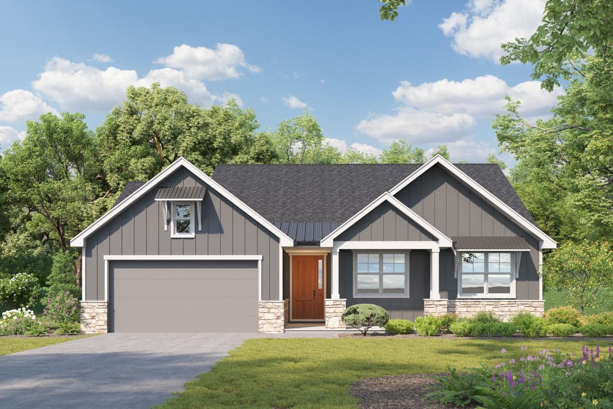 House plan exterior: Modern Farmhouse style, one story, with gabled roof, dormer, and attached garage.