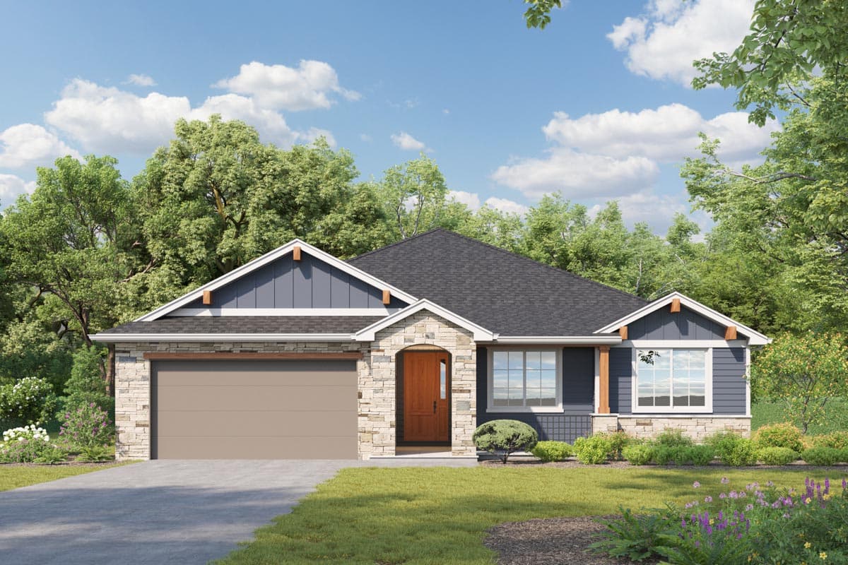 House plan exterior. Ranch style with a stone facade, gable roof, and attached garage. Includes accent gables with exposed timber beams.