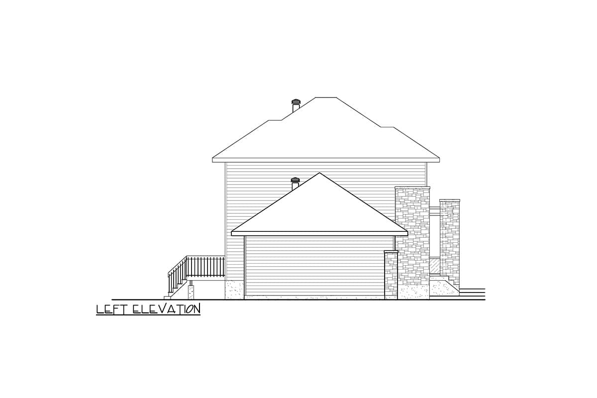 Left elevation house plan showing a two-story house with a gabled roof, horizontal siding, and stone accents on the exterior.