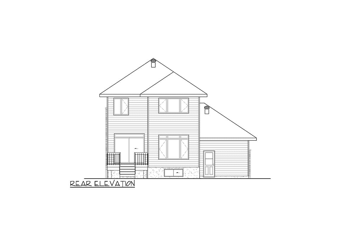 Rear elevation drawing of a two-story house with a gable roof, double doors, and a porch with railing.