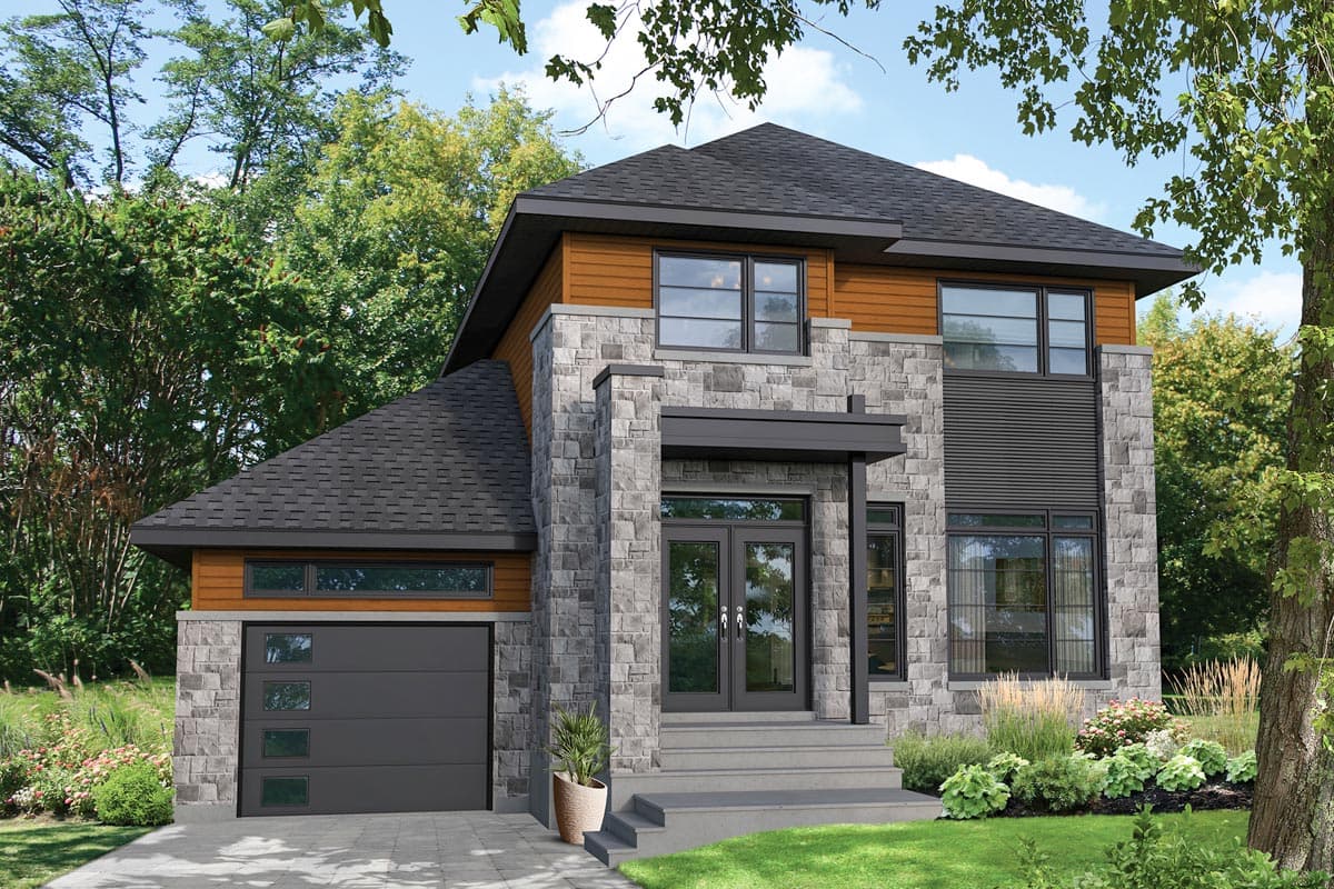House plan exterior. Two-story Modern house with stone facade, dark roof, wood siding, and attached garage. Includes covered entry.