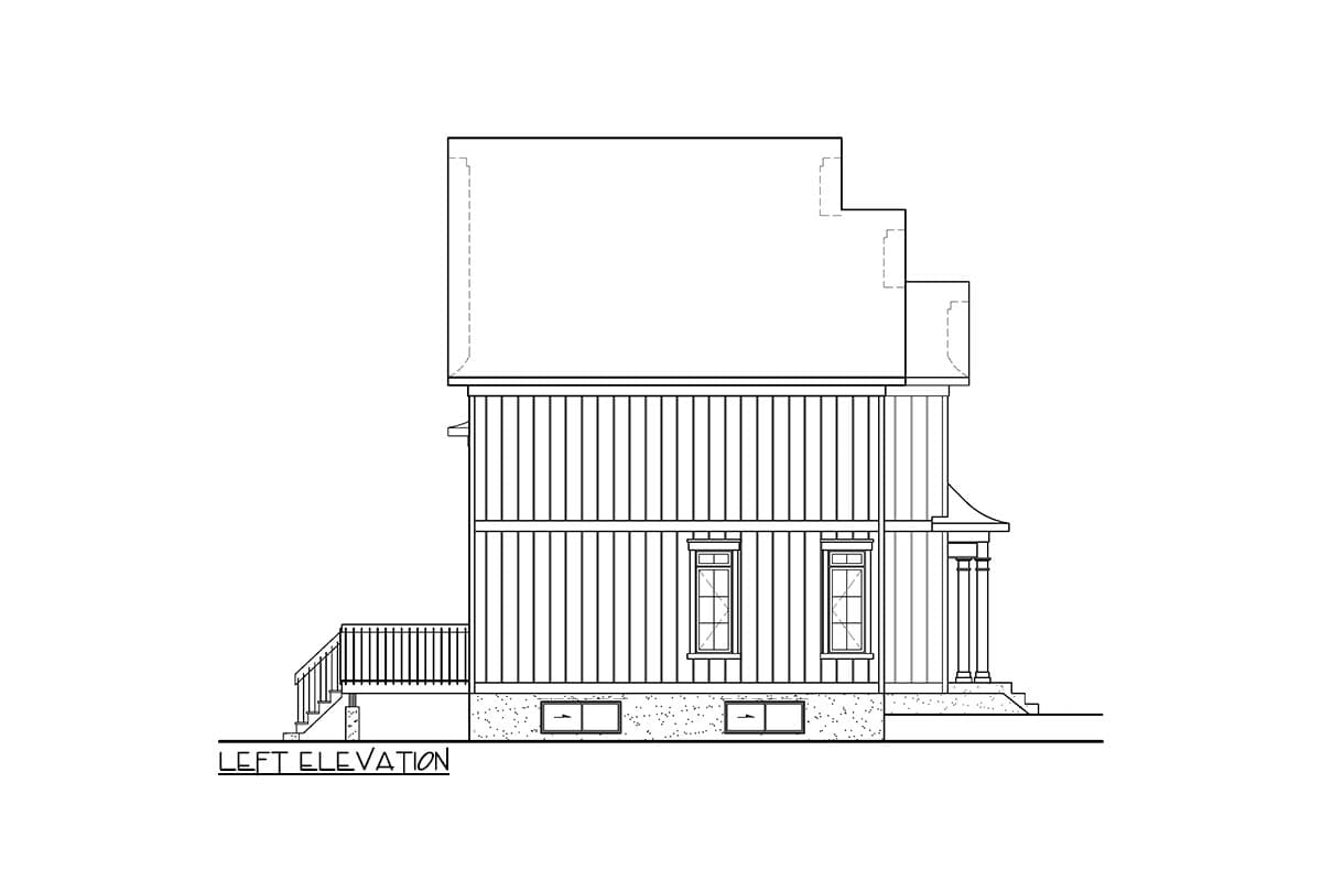 Left elevation drawing of a two-story house with vertical siding, a deck, and two small basement windows.