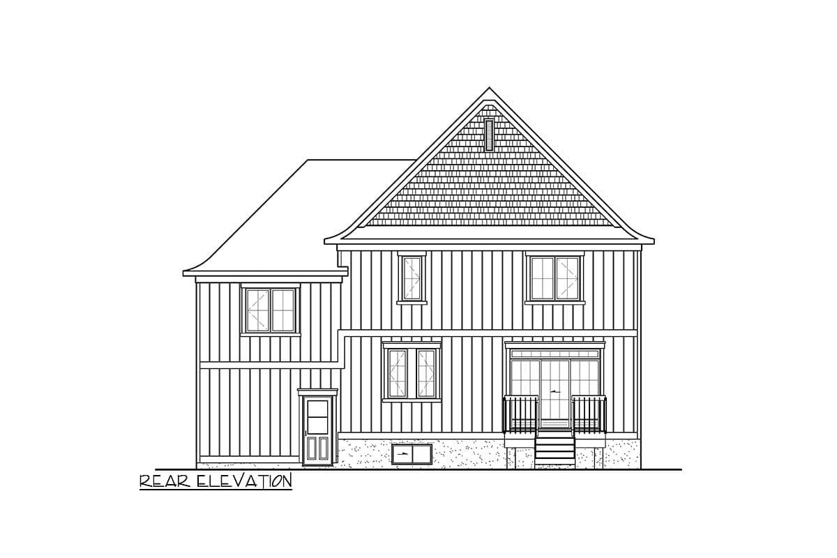 Rear elevation drawing of a two-story house plan featuring vertical siding, a dormer, and a small rear balcony.