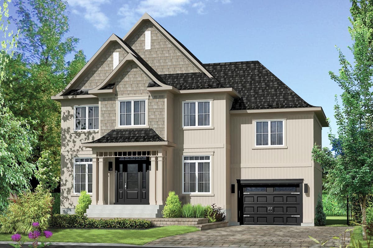 House plan exterior. Two-story Colonial-style home with gabled roof, front porch with columns, and attached garage. Featuring dormers.