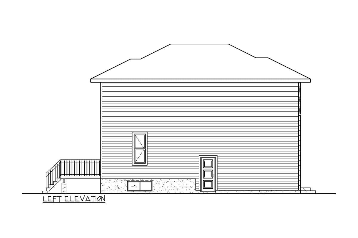 Left elevation drawing of house plan shows siding, door, windows, deck, and foundation.
