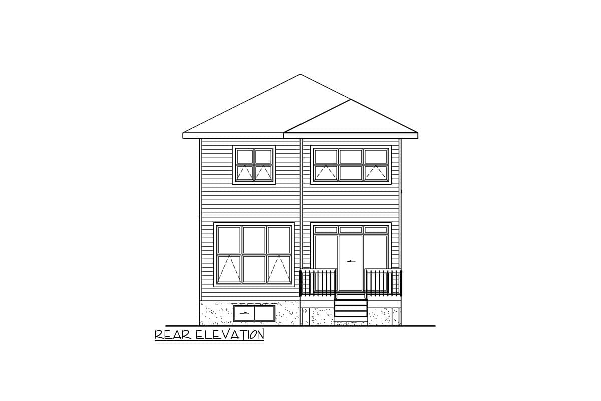Rear elevation drawing of a two-story house plan with horizontal siding, multiple windows, and a covered rear entrance with railing.