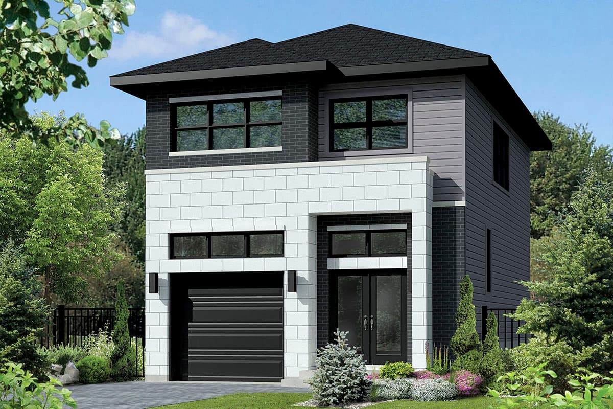 House plan exterior with two stories. Features include a garage, flat roof, and black framed windows. Brick and siding facade.