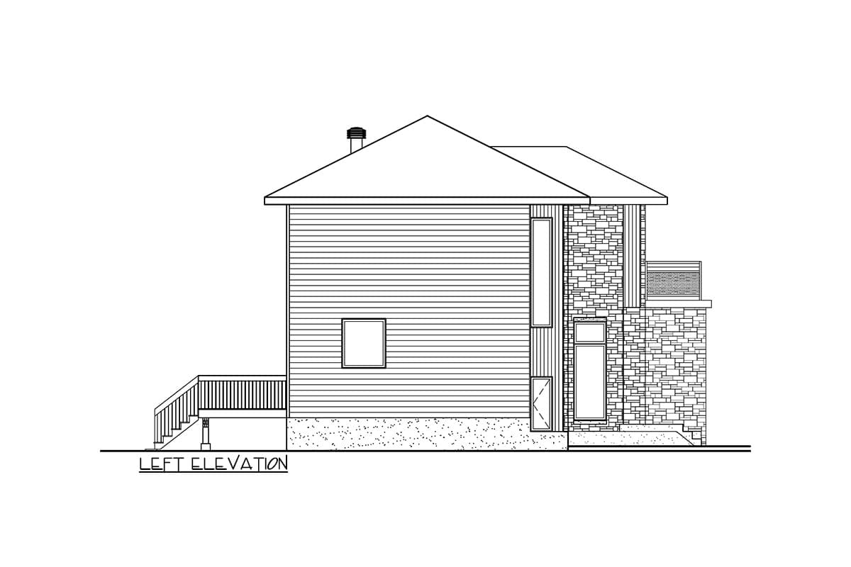 Left elevation drawing of a house plan featuring horizontal siding, stone accents, a pitched roof, deck, and multiple windows.