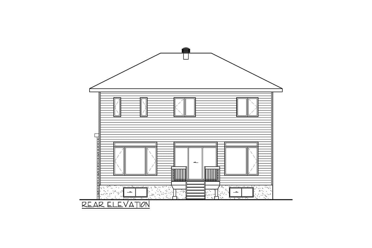 Rear elevation drawing of a two-story house plan with horizontal siding, upper and lower windows, and a central rear deck.