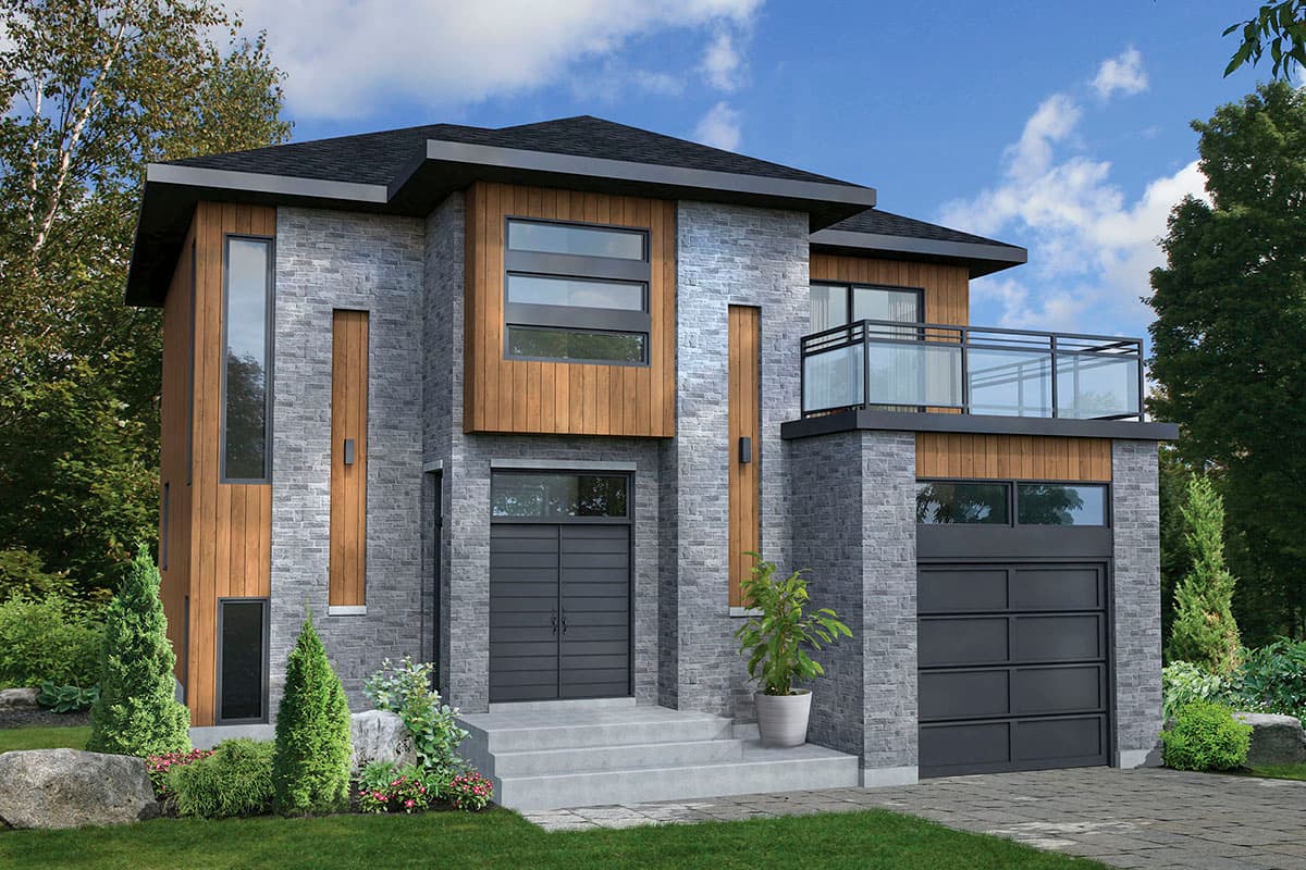 House plan exterior. Two-story modern style with stone and wood facade. Features include a flat roof, balcony, and attached garage.