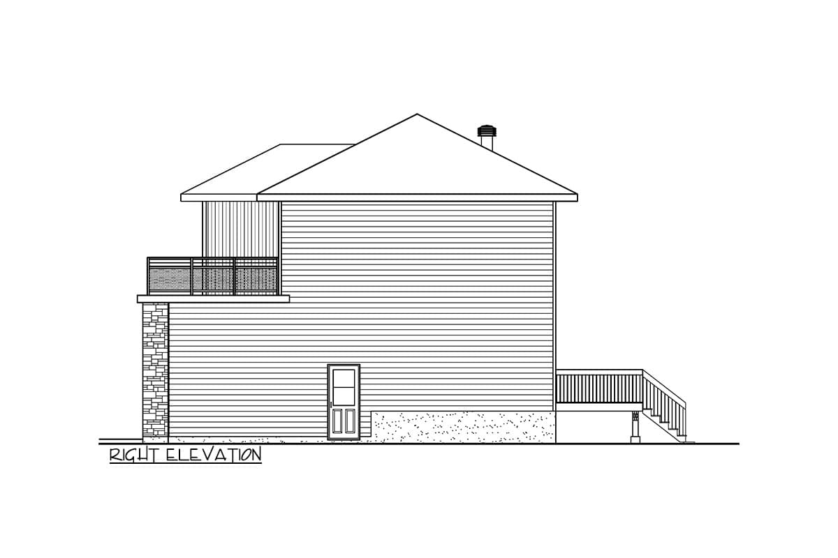 Right elevation house plan showing a two-story structure with horizontal siding, a balcony, a door, and stairs to a deck.