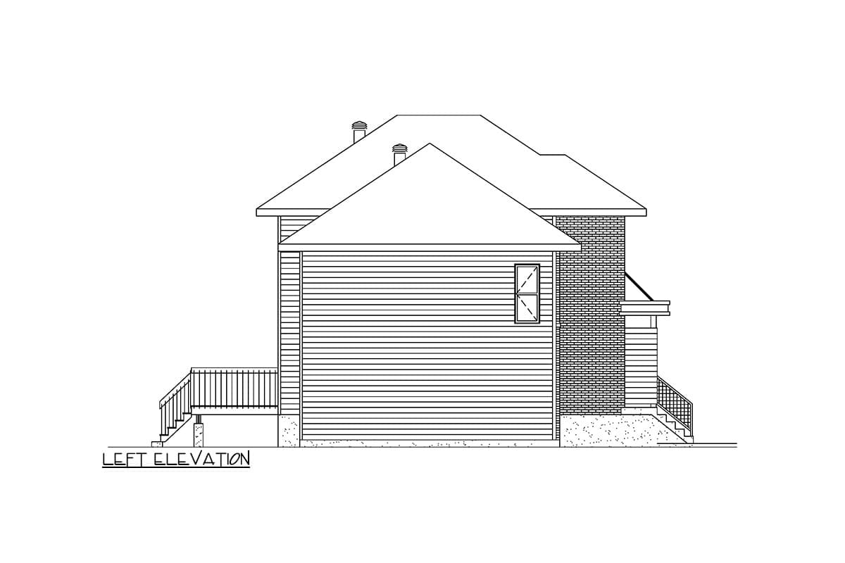 Left elevation drawing of a house with horizontal siding, brick chimney, and pitched roof.