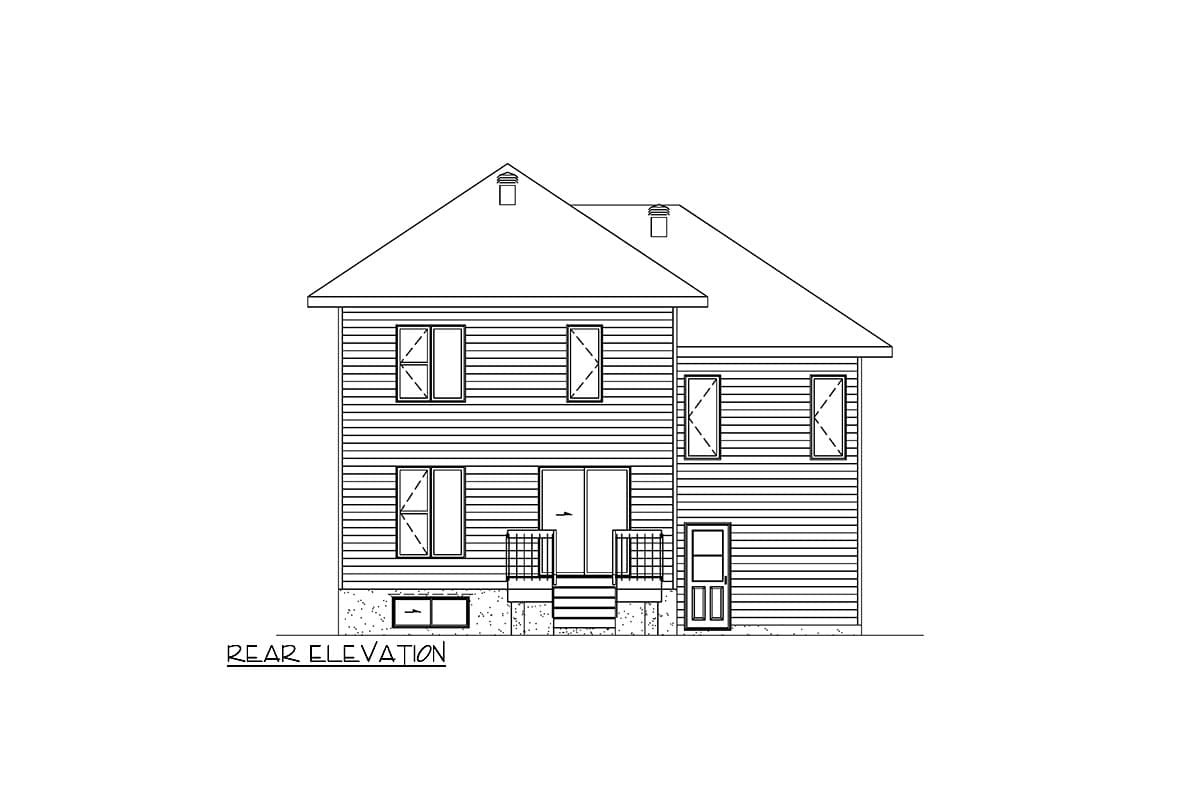 Rear elevation drawing of a two-story house with horizontal siding, gabled roof, multiple windows, and a central rear door with steps.