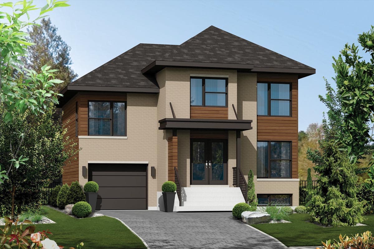 House plan exterior with two stories. Features include a front-facing garage, dark trim, and a covered entry porch.