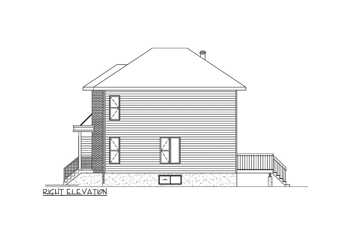 House plan right elevation drawing showing two stories, vinyl siding, brick chimney, porch with stairs, and deck with railings.