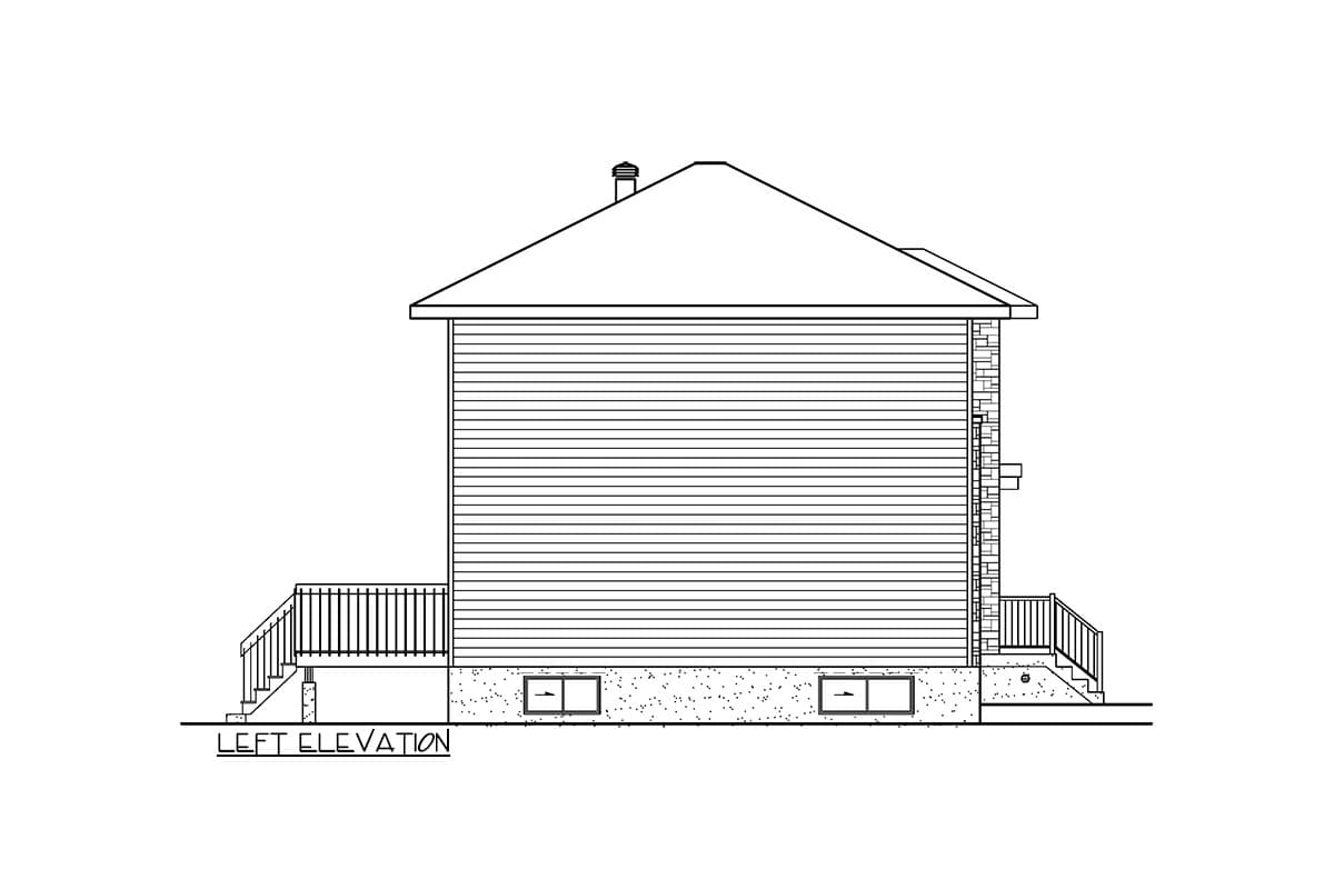 Left elevation house plan drawing showing a sloped roof, siding, a porch with railing, and basement windows.