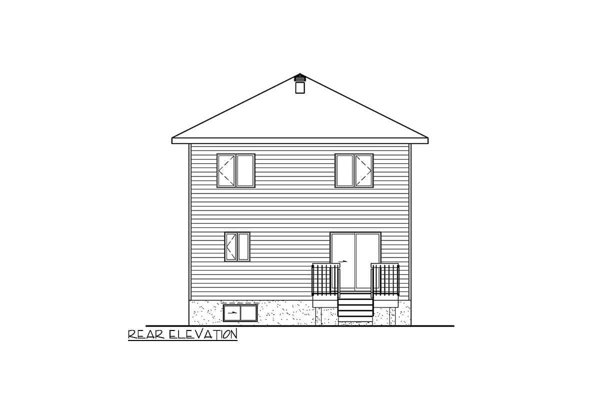 Rear elevation house plan shows a two-story structure with horizontal siding, symmetrical upper windows, and a rear entrance with a deck and stairs.
