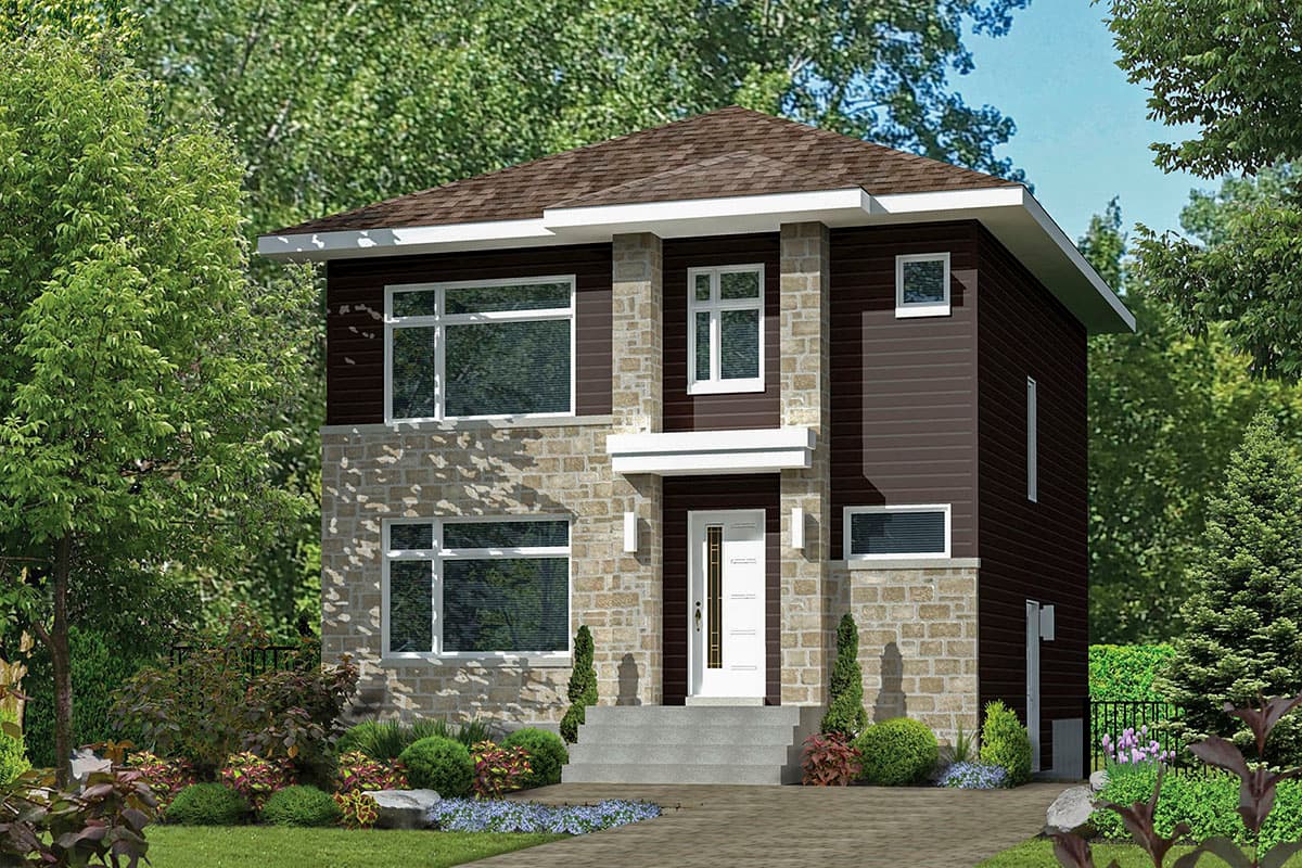 House plan exterior. Two-story home with stone and wood siding. Features include a flat roof, large windows, and a covered entry.