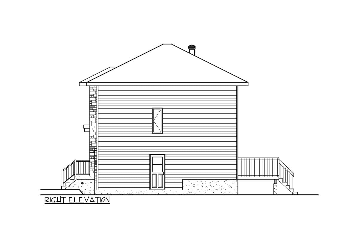 Right elevation drawing of a two-story house plan with horizontal siding, a gable roof, one window, one door, and two sets of stairs.