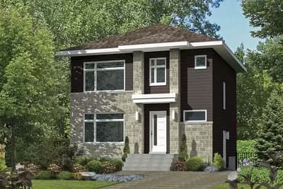 Contemporary Two-Story House Plan Under 1500 Sq Ft with Stone and Metal Exterior
