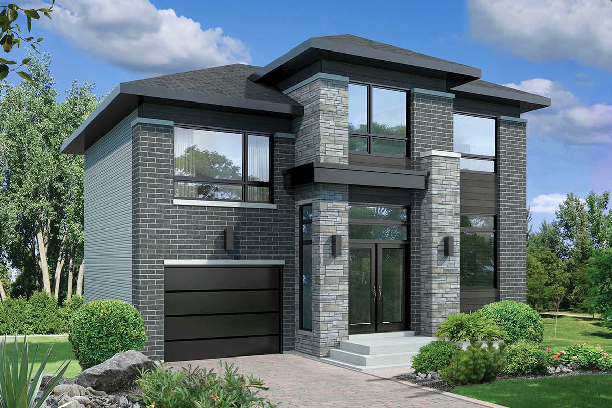 House plan exterior with two stories, flat roof, stone and brick facade, and an attached garage. Large windows and modern design.