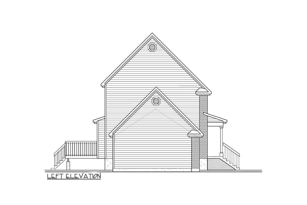 Left elevation drawing of a house plan showing siding, gables, dormers, chimney, and porch with railings.