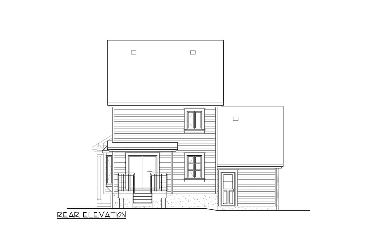 Rear elevation house plan with a covered porch, two stories, and a side-entry garage door.