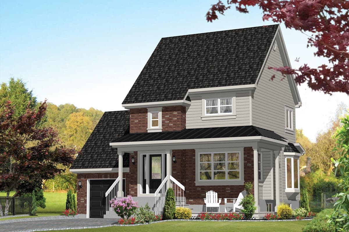 House plan exterior featuring a two-story design with a front porch, gables, and a detached garage with dark siding and a brick facade.