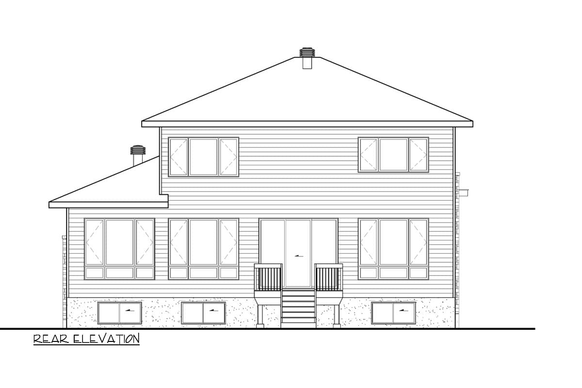 Rear elevation drawing of a two-story house plan with a prominent gable roof, large ground-floor windows, and upper-floor windows.