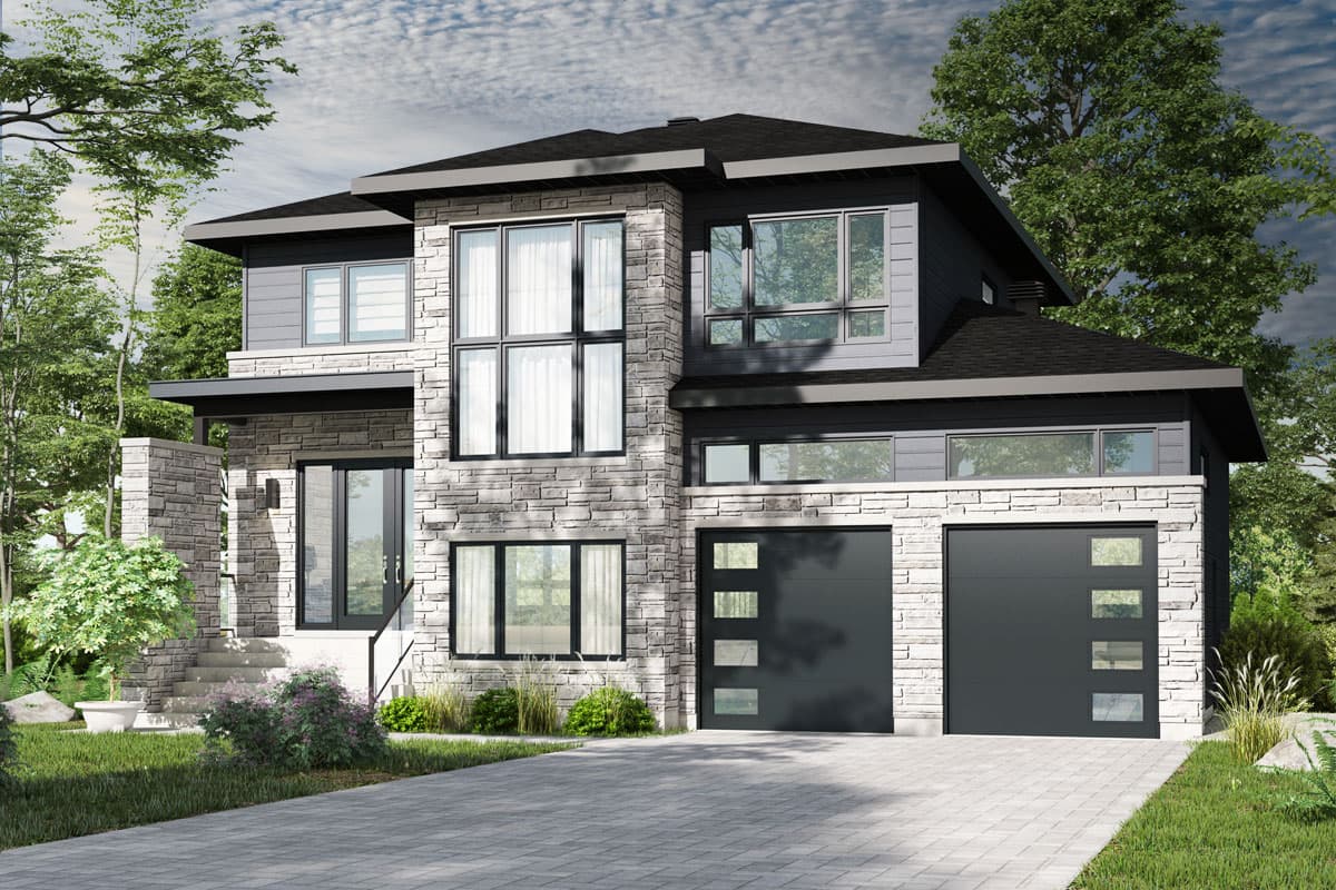 Modern house plan exterior with two stories. Features include a stone facade, flat rooflines, and a two-car garage with modern doors.
