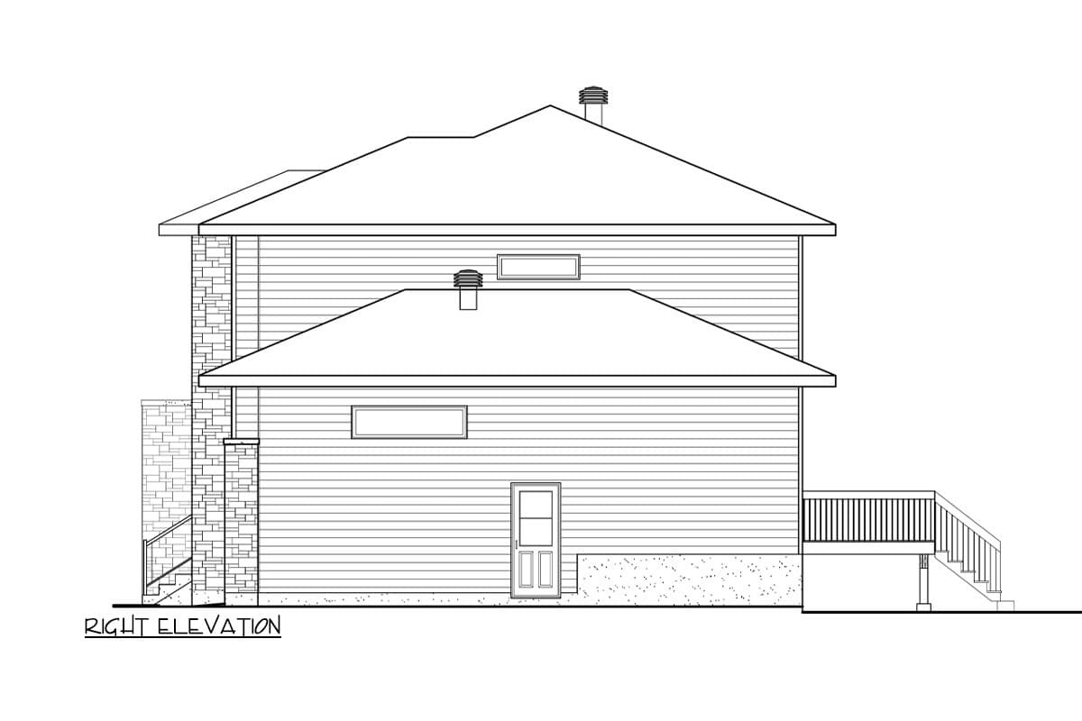 Right elevation house plan showing siding, stone accents, a door, a deck with stairs, and layered rooflines.