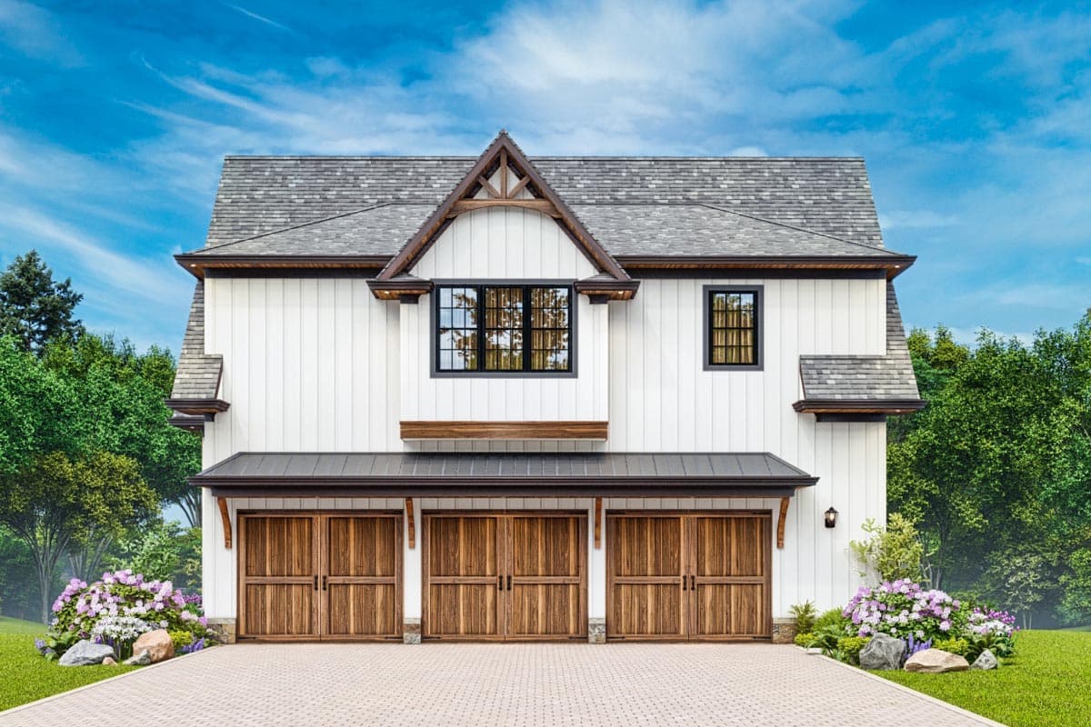 House plan exterior. Two-story Modern Farmhouse with a three-car garage. Features a gabled roof, dormers, and a prominent front-facing gable.