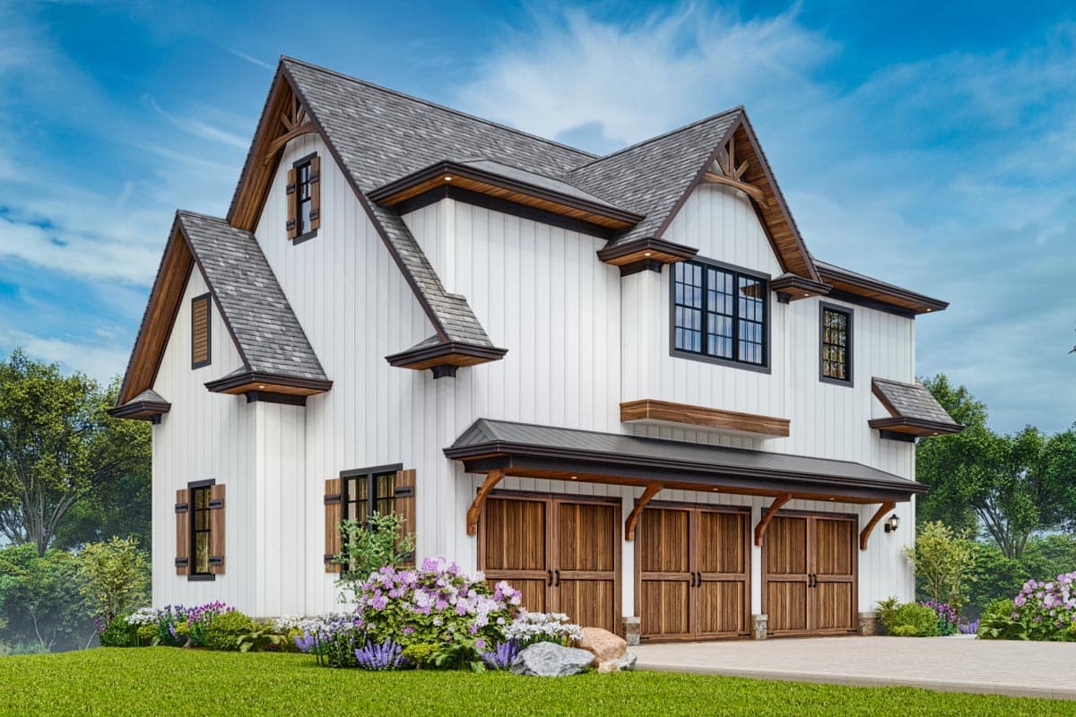Modern Farmhouse house plan exterior with white board-and-batten siding, steep gables, and three garage doors.