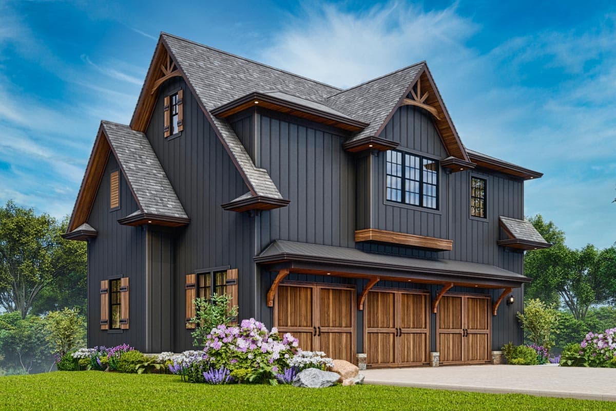 Modern Farmhouse house plan exterior with dark siding, wood accents, multiple gables, and a four-car garage.